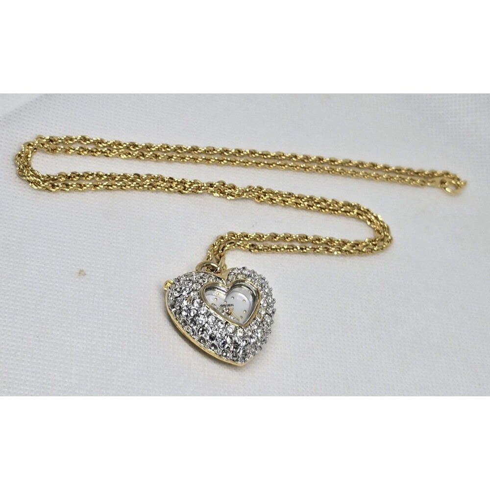 Women's GRUEN Crystal Encrusted Heart Shaped Pendant Watch Necklace 14 - Picture 2 of 4